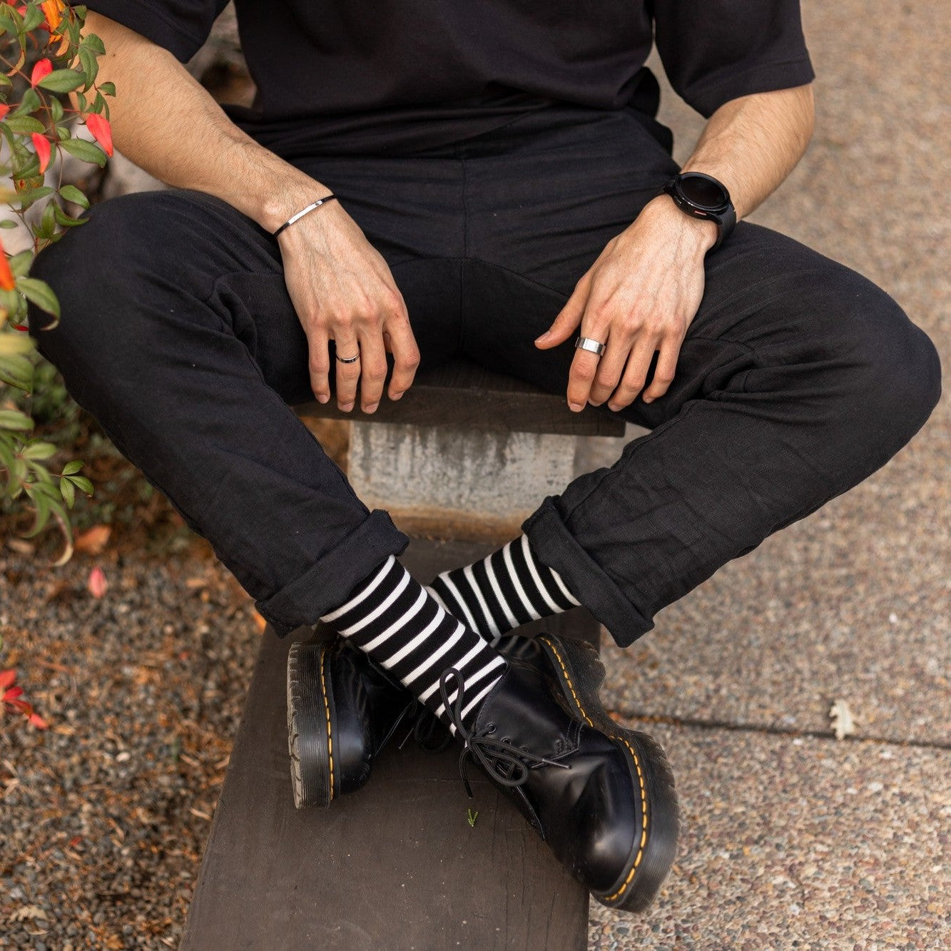 A photograph of Sailor Stripe Bamboo socks layered into a polished smart-casual outfit. [lf]
