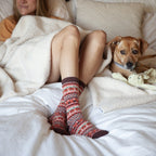 Pumpkin Spice Is Nice fair-isle style socks in autumn colors photographed on bedding for a cozy lifestyle shot. [lf]