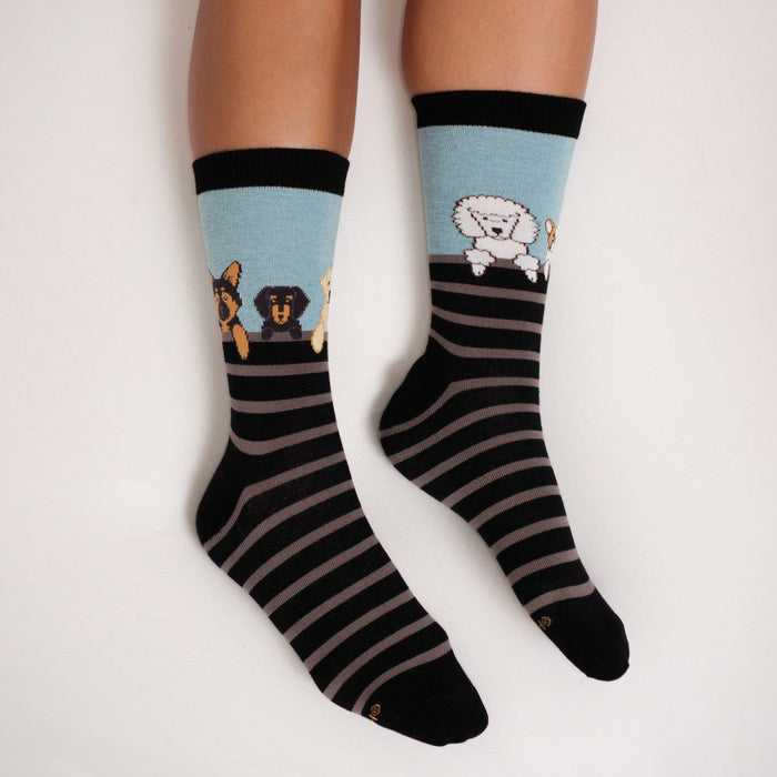 Dog Gone Stripes Bamboo socks shown in detail with their charming dog character cuffs. [lf]