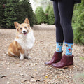 A corgi sits on the leaf-strewn ground at a Christmas tree lot beside a model in burgundy ankle boots and Happy Pawlidays in Green socks featuring smiling corgi graphics on a blue ground. [lf]
