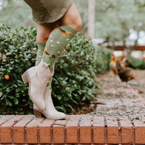 Close-up of cream cowboy boots and Chicken Ranch socks featuring tiny printed roosters and hens, with real chickens pecking on the path behind. [lf]