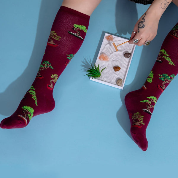 [lf] Legs in maroon bonsai tree socks, one hand raking a miniature zen garden.