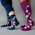 [lf] Two people wear navy ankle and purple knee-high socks with white cherry blossom patterns.