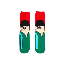 red and green "clockwork orange" movie-themed crew socks featuring alex delarge for men and women.  