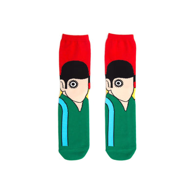 red and green "clockwork orange" movie-themed crew socks featuring alex delarge for men and women.  