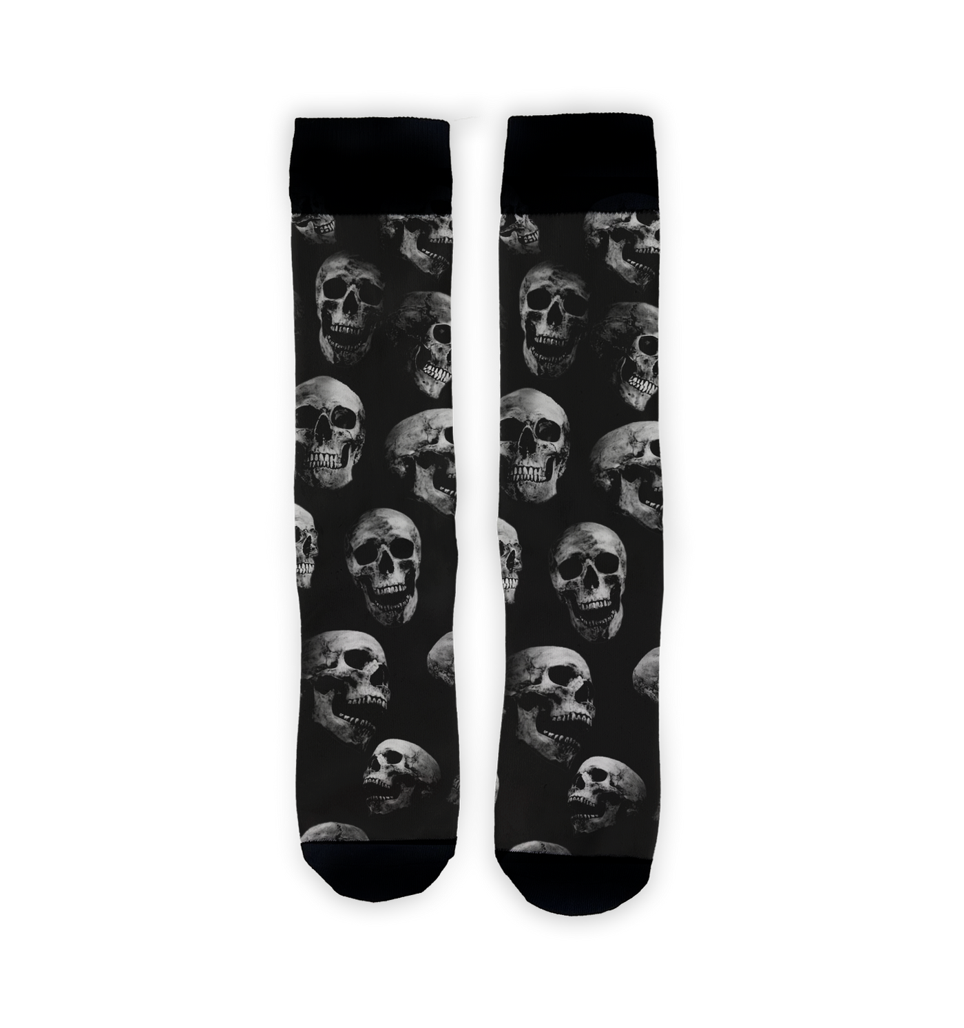 Flat lay showcasing a pair of black crew socks with a skull pattern.