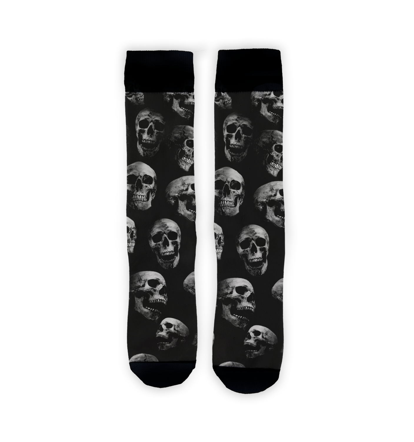 Flat lay showcasing a pair of black crew socks with a skull pattern.