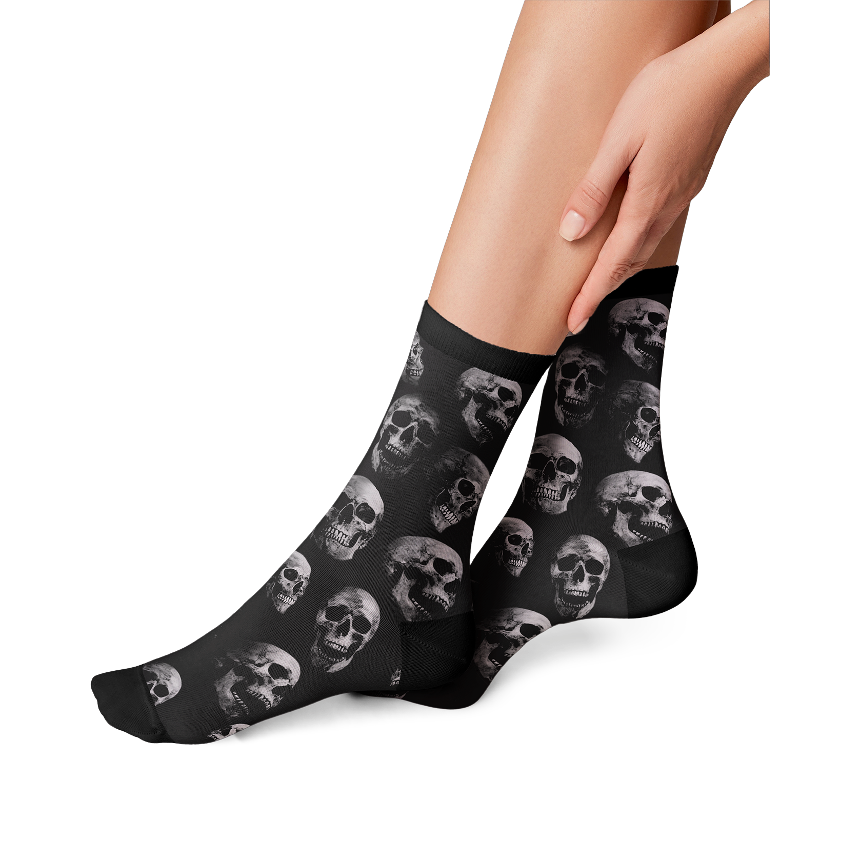 Lifestyle shot: person's legs wearing the skull socks, showing the fit and style.