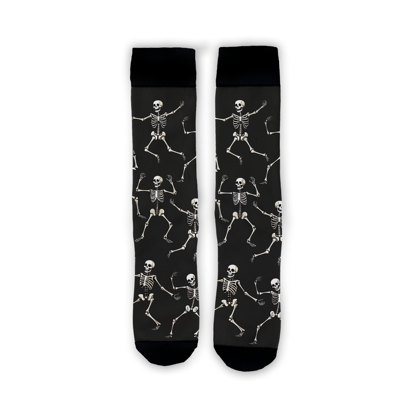 Flatlay image showing a pair of black 'Dead Man's Party' socks with dancing skeletons.