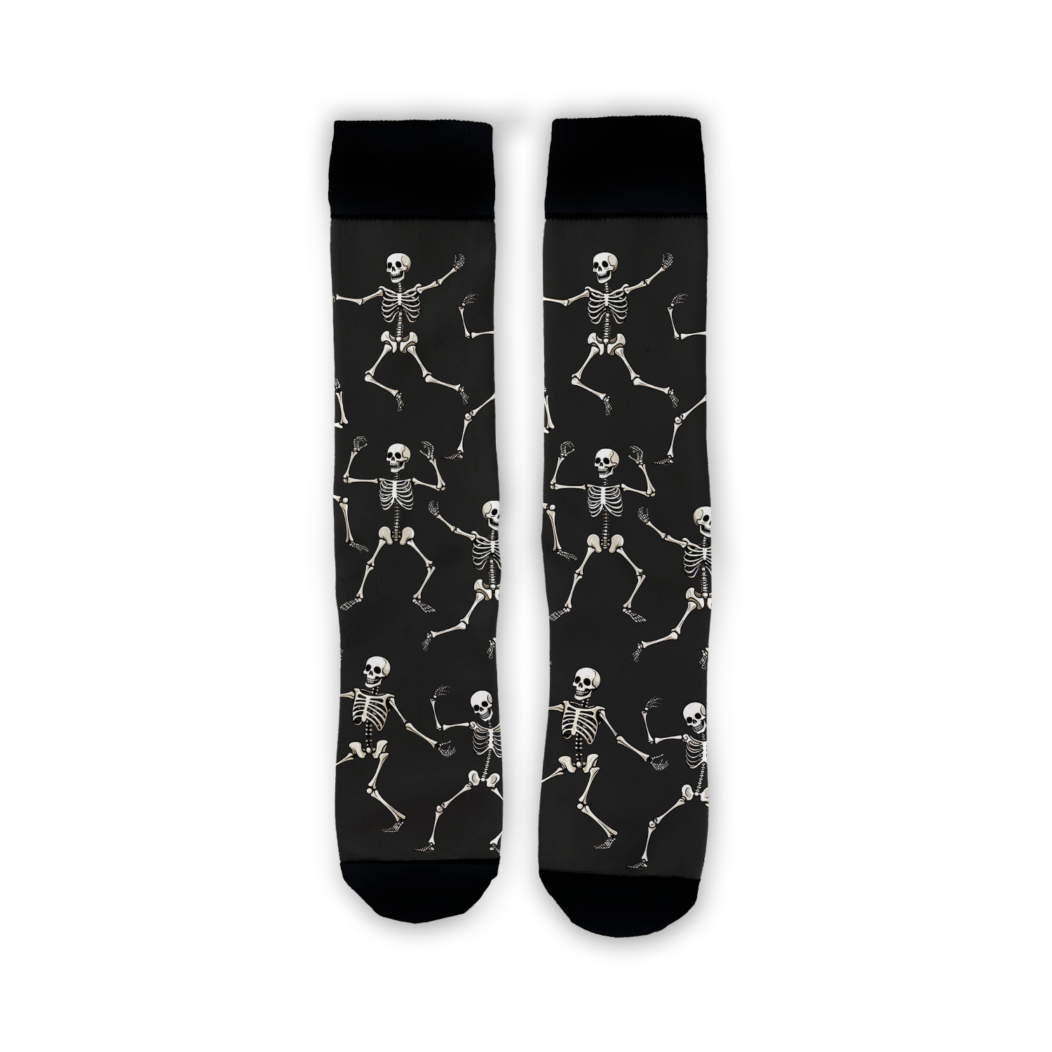 Flatlay image showing a pair of black 'Dead Man's Party' socks with dancing skeletons.