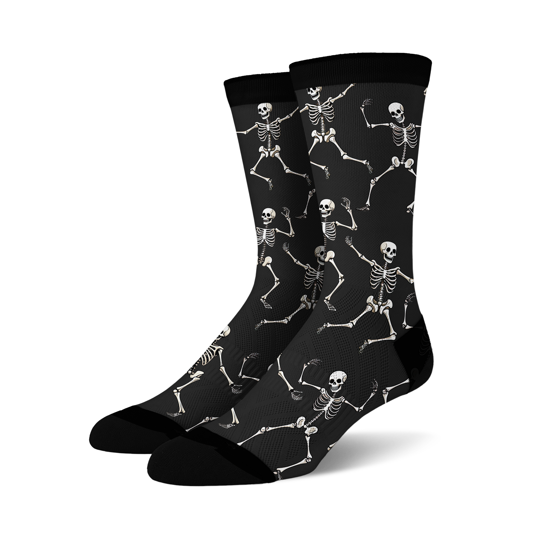 Pair of black crew socks with a fun all-over print of dancing skeletons in off-white.