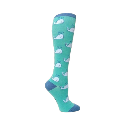 Knee-high socks in teal with a pattern of small white whales. The top cuff is a darker blue-grey.