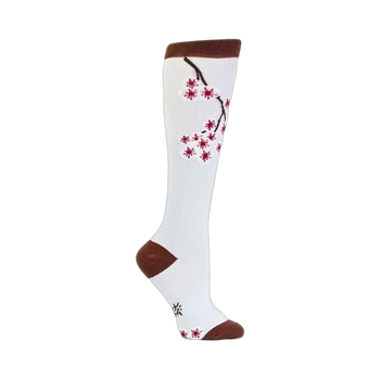 White knee-high socks with a brown cuff and a design of a cherry blossom branch with dark pink flowers.
