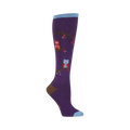 Purple knee-high socks with a whimsical design featuring owls perched on brown branches. Accents of red and blue on the owls and branches.