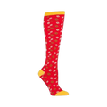 Red knee-high socks with a scattered pattern of brown and pink coffee beans. Yellow cuff.