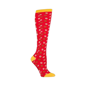 Red knee-high socks with a scattered pattern of brown and pink coffee beans. Yellow cuff.