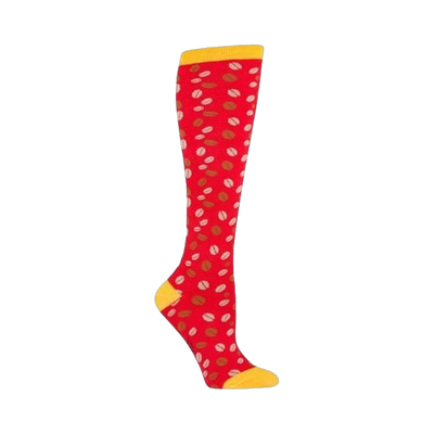 Red knee-high socks with a scattered pattern of brown and pink coffee beans. Yellow cuff.
