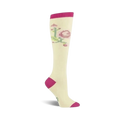 Cream knee-high socks with a stitched rose design in pink and green.  Fuchsia accents at the toe and cuff.
