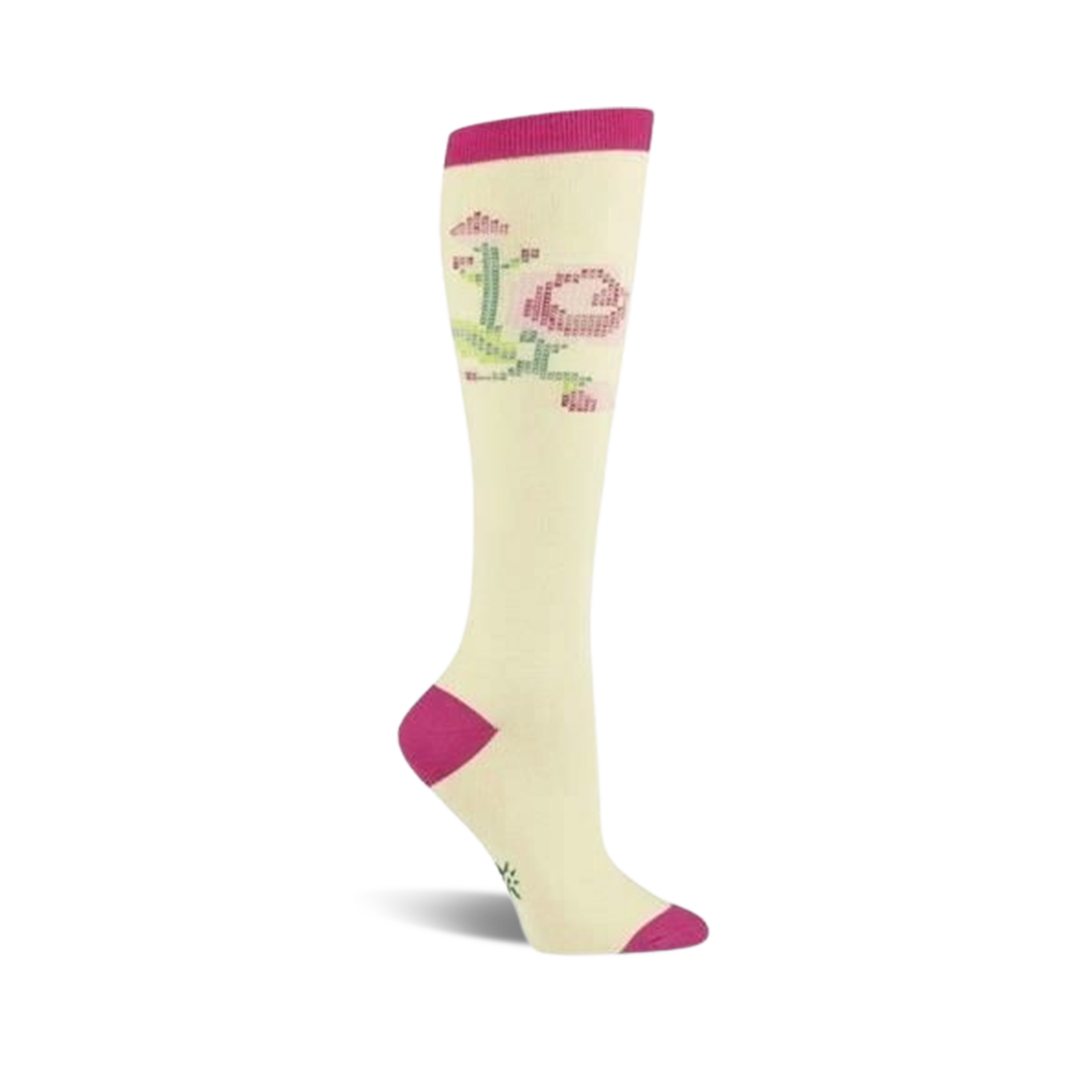 Cream knee-high socks with a stitched rose design in pink and green.  Fuchsia accents at the toe and cuff.
