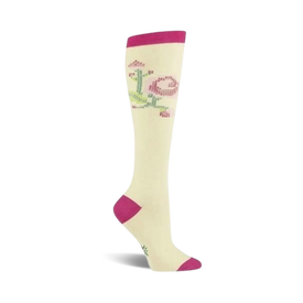 stitched rose botanical themed womens white novelty knee high socks