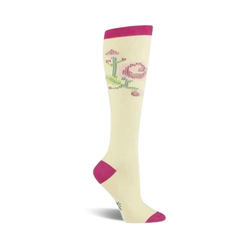 womens' knee-high pink and white botanical stitched rose socks   
