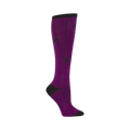 Knee-high socks in purple with a black spider web and spider design.  The socks have a black toe and heel.