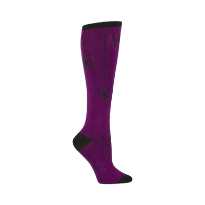 Knee-high socks in purple with a black spider web and spider design.  The socks have a black toe and heel.