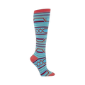 Knee-high socks in light blue, coral, and burgundy. Geometric pattern with horizontal stripes and zig-zag details.