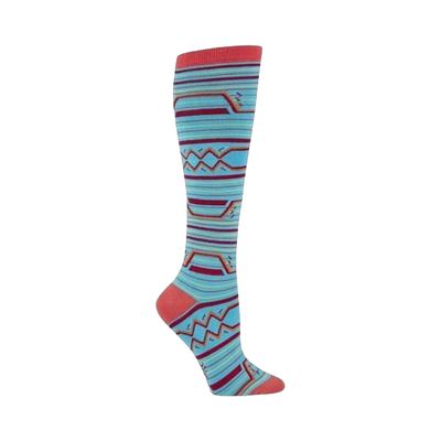 Knee-high socks in light blue, coral, and burgundy. Geometric pattern with horizontal stripes and zig-zag details.