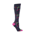 Knee-high socks in navy blue with a pattern of pixelated characters in pink, green, and red, traversing white lines resembling an arcade game.