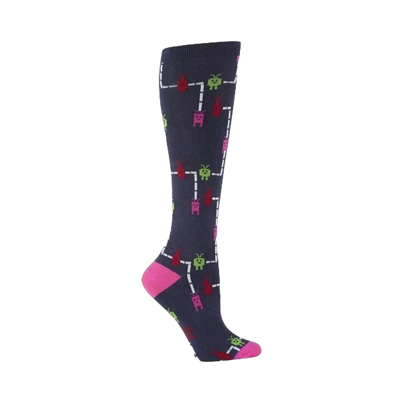 Knee-high socks in navy blue with a pattern of pixelated characters in pink, green, and red, traversing white lines resembling an arcade game.
