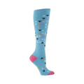 Knee-high socks in light blue with a pattern of small, multicolored triangles. The toe and heel are a brighter pink.