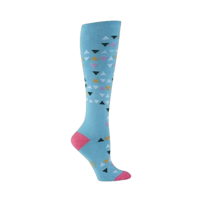 Knee-high socks in light blue with a pattern of small, multicolored triangles. The toe and heel are a brighter pink.