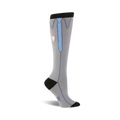 Knee-high socks in grey with a playful design featuring a light blue tie, collared shirt, and small pink heart. Black detailing at the top and bottom.