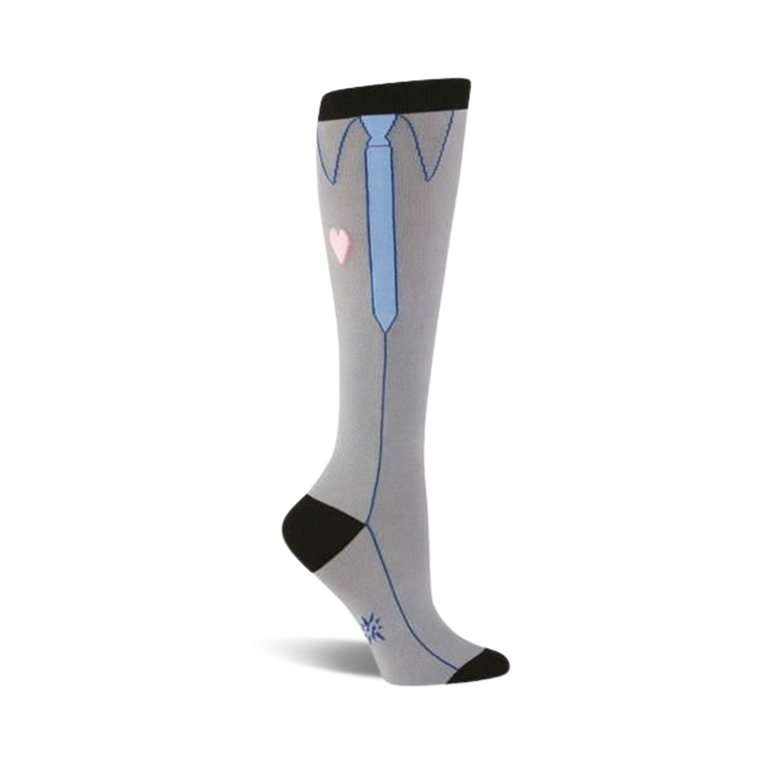 Knee-high socks in grey with a playful design featuring a light blue tie, collared shirt, and small pink heart. Black detailing at the top and bottom.