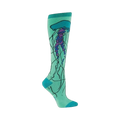 Knee-high socks in seafoam green featuring a teal, purple, and blue jellyfish design. The jellyfish illustration has flowing tentacles and lines.