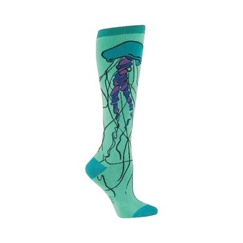 Knee-high socks in seafoam green featuring a teal, purple, and blue jellyfish design. The jellyfish illustration has flowing tentacles and lines.