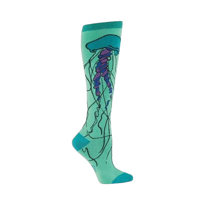 Knee-high socks in seafoam green featuring a teal, purple, and blue jellyfish design. The jellyfish illustration has flowing tentacles and lines. }}