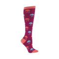 Knee-high socks in deep pink with a repeating pattern of coral and teal umbrellas and raindrops.