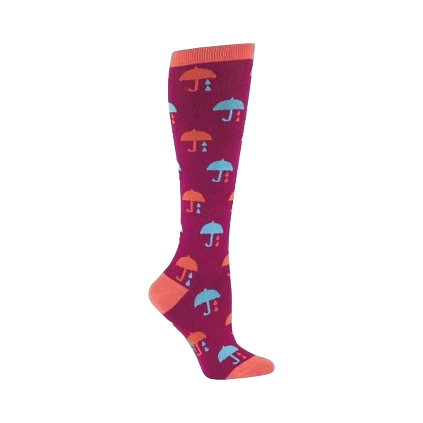 Knee-high socks in deep pink with a repeating pattern of coral and teal umbrellas and raindrops.