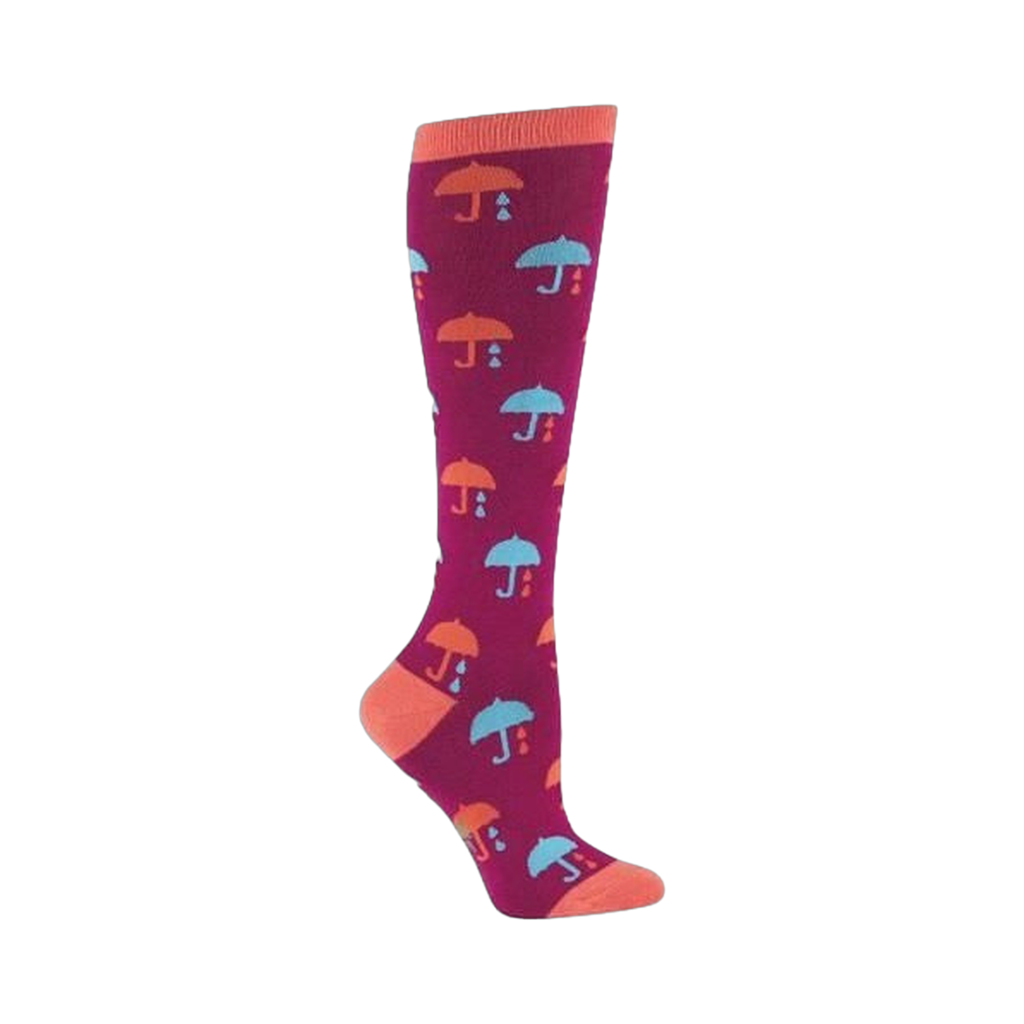 Knee-high socks in deep pink with a repeating pattern of coral and teal umbrellas and raindrops.