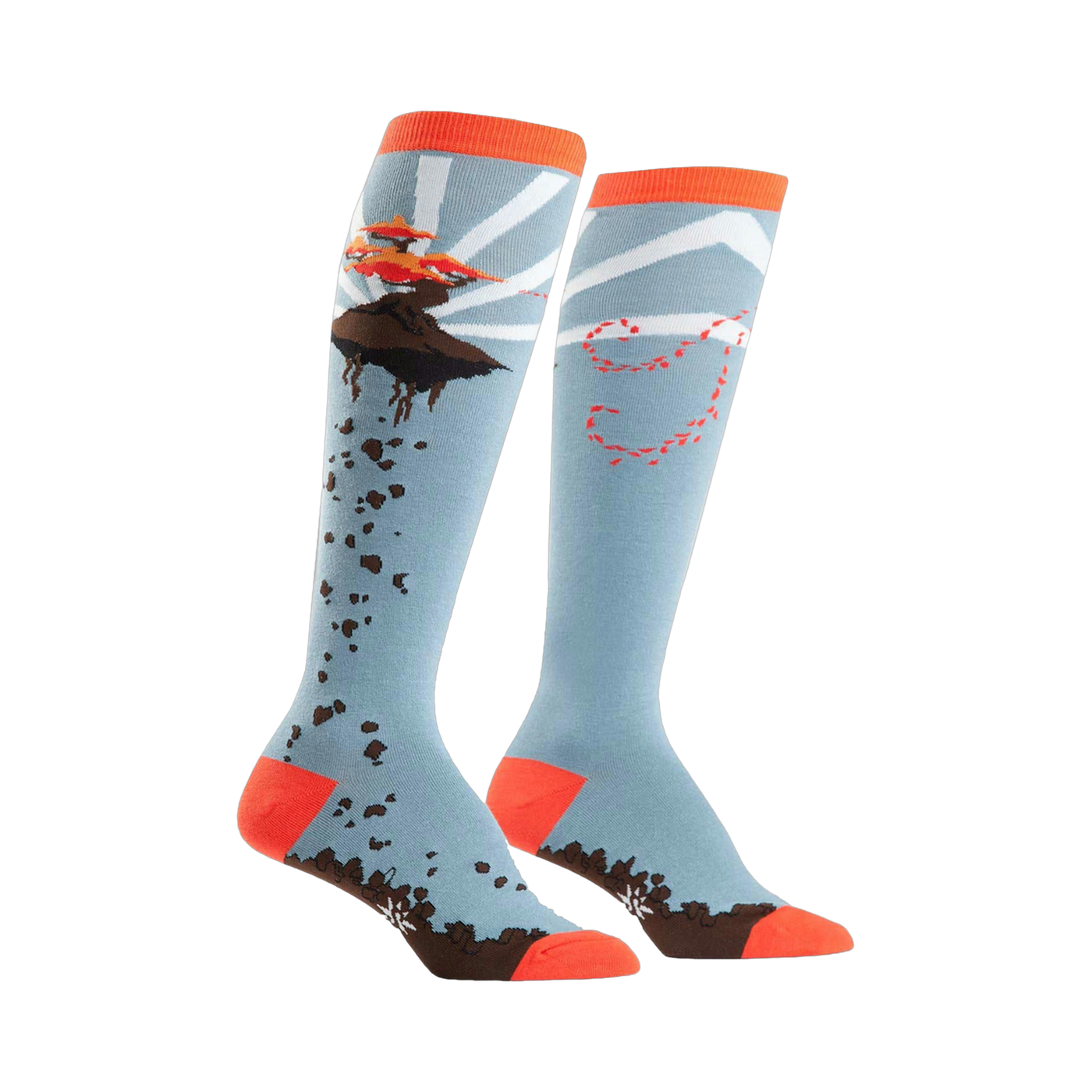 A pair of knee-high socks in light blue, orange, and brown.  One sock shows a flying bonsai tree; the other has a whimsical trail design.