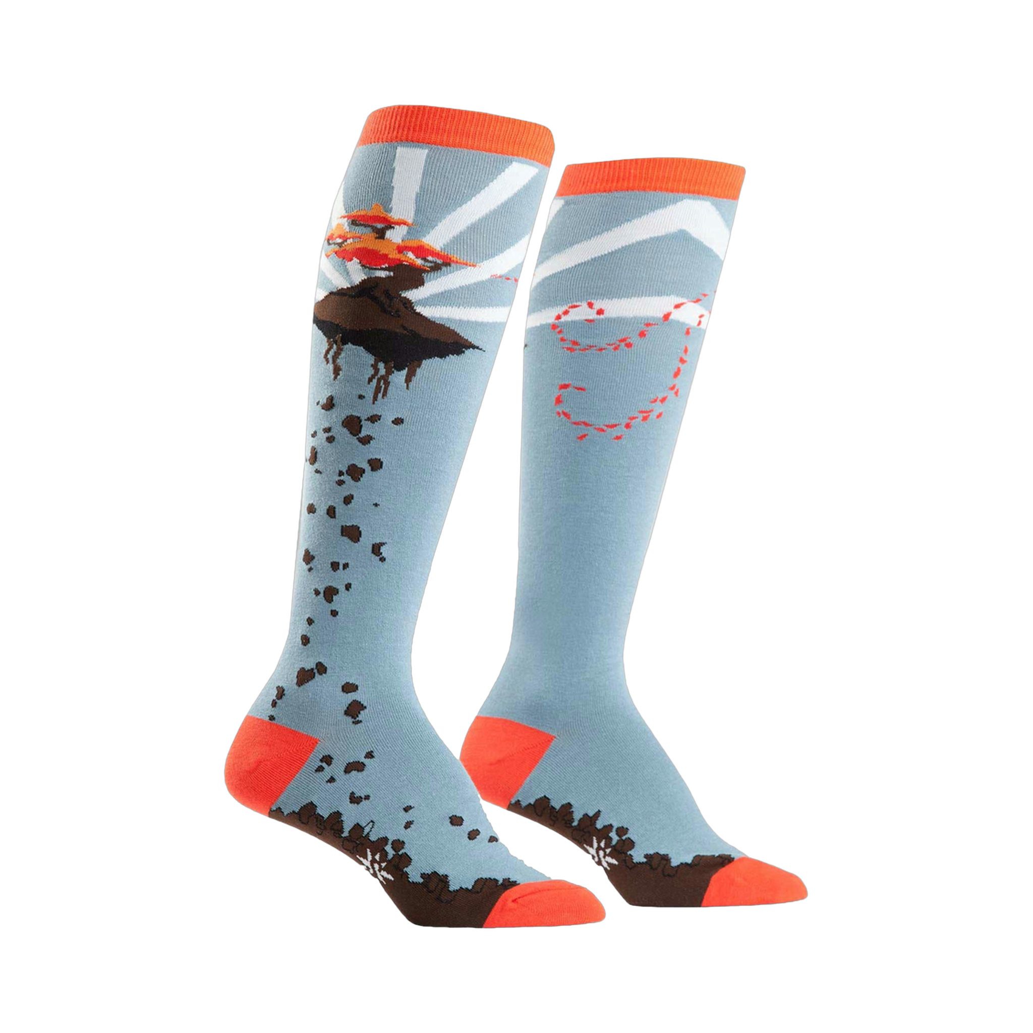 A pair of knee-high socks in light blue, orange, and brown.  One sock shows a flying bonsai tree; the other has a whimsical trail design.