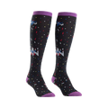 Pair of black knee-high socks with purple cuffs. Features a retro pixel art bowling design and colorful confetti.