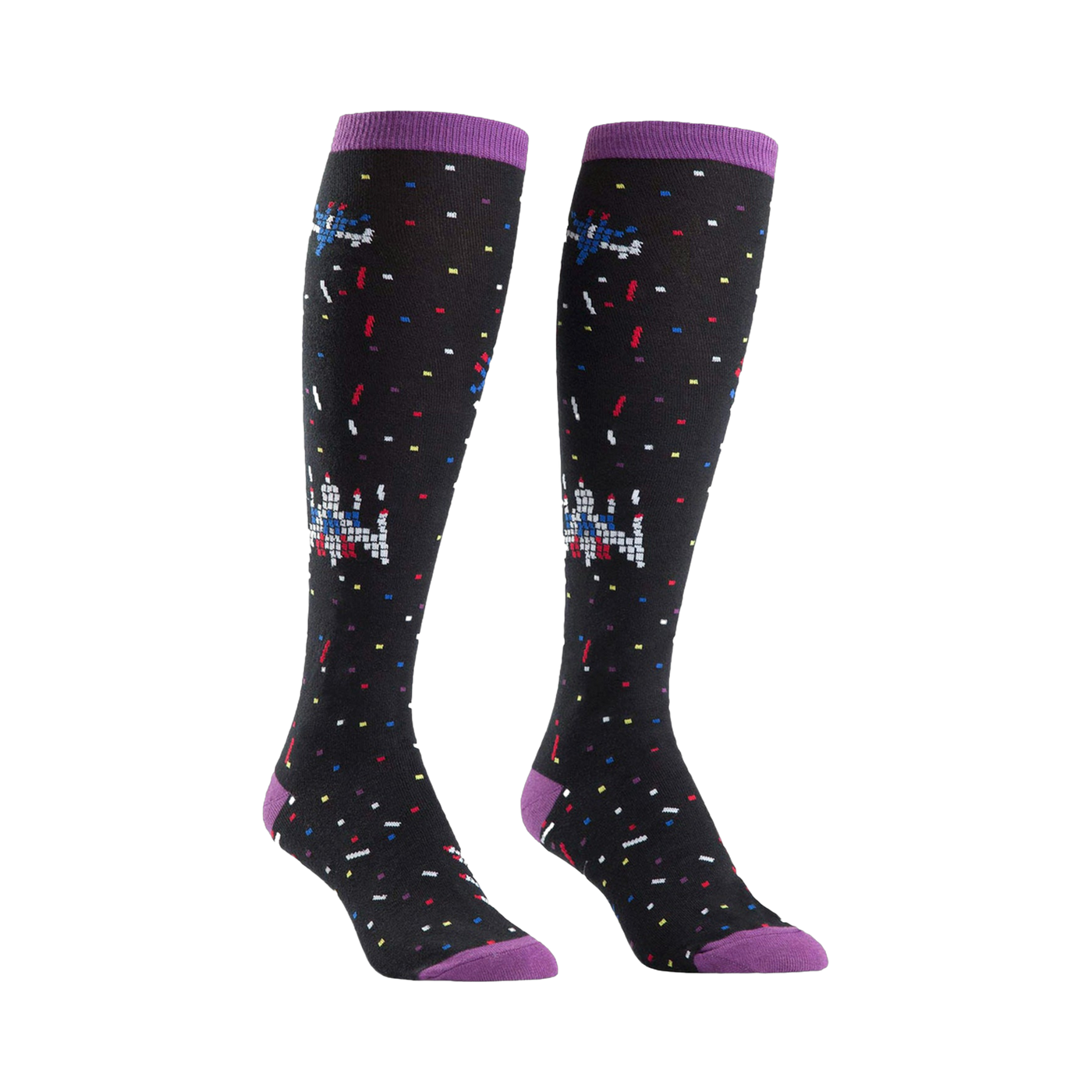 Pair of black knee-high socks with purple cuffs. Features a retro pixel art bowling design and colorful confetti.