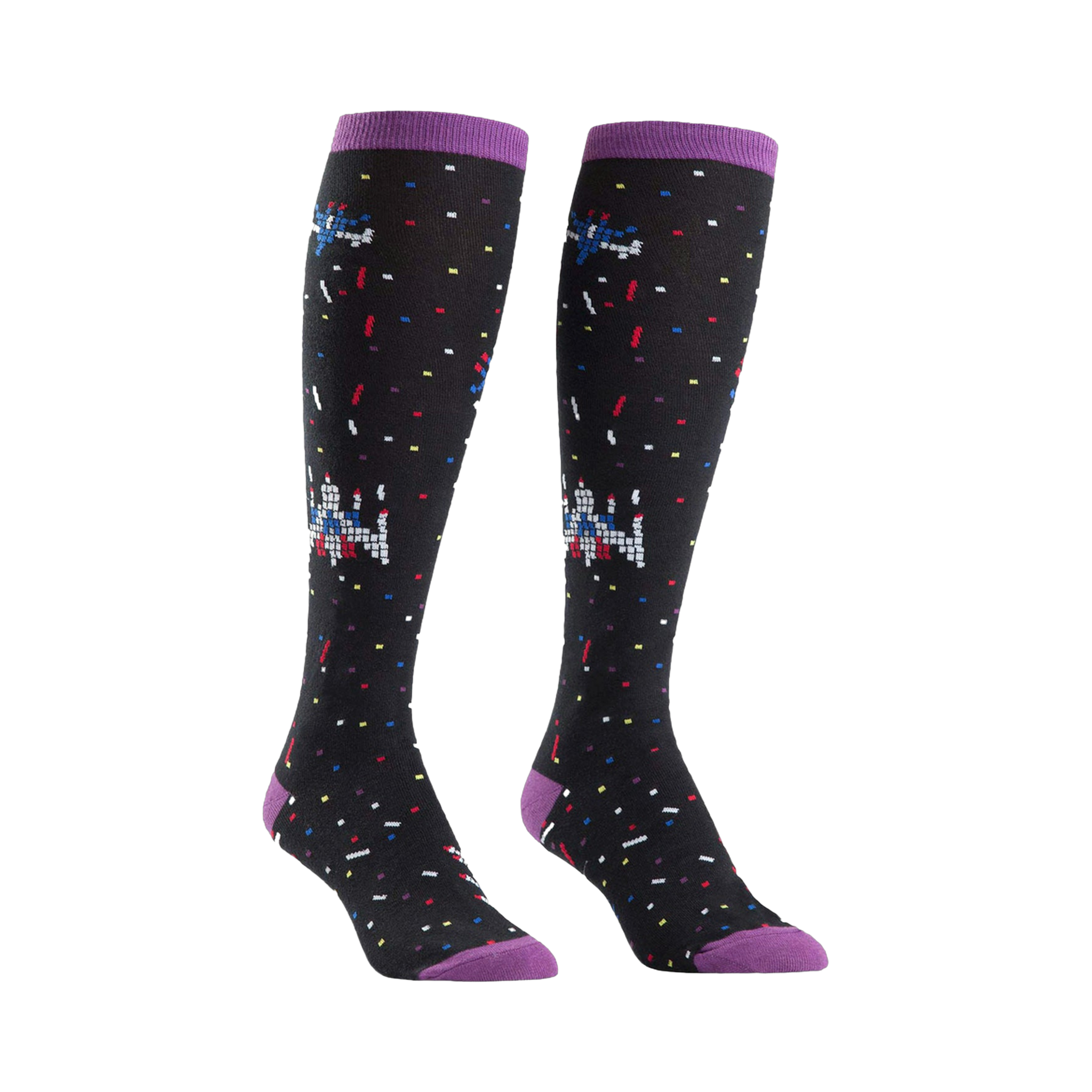Pair of black knee-high socks with purple cuffs. Features a retro pixel art bowling design and colorful confetti.
