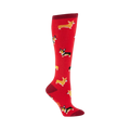 Red knee-high socks with a repeating pattern of illustrated Corgis in yellow, black, and white. 