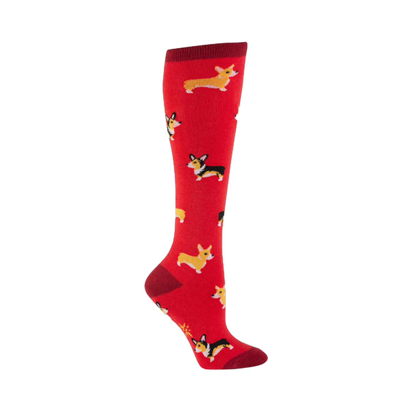 Red knee-high socks with a repeating pattern of illustrated Corgis in yellow, black, and white. 