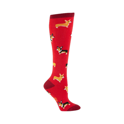 Red knee-high socks with a repeating pattern of illustrated Corgis in yellow, black, and white. 