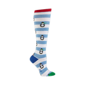 Knee-high socks in white and blue stripes.  Features repeating images of penguins wearing scarves. Red and green accents.